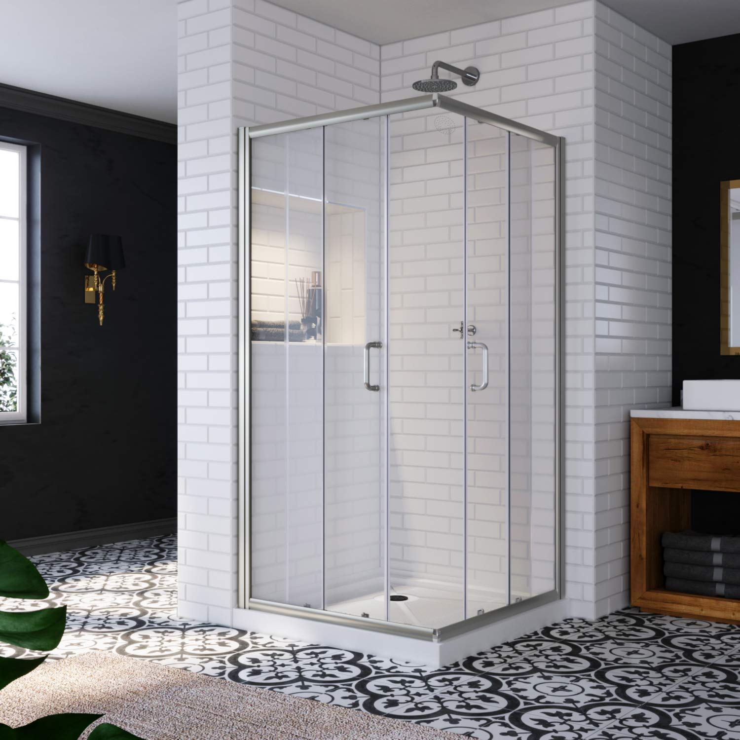 SUNNY SHOWER 36 in. W x 36 in. D x 72 in. H Brushed Nickel Corner Entry Enclosure With Sliding Doors And White Square Base