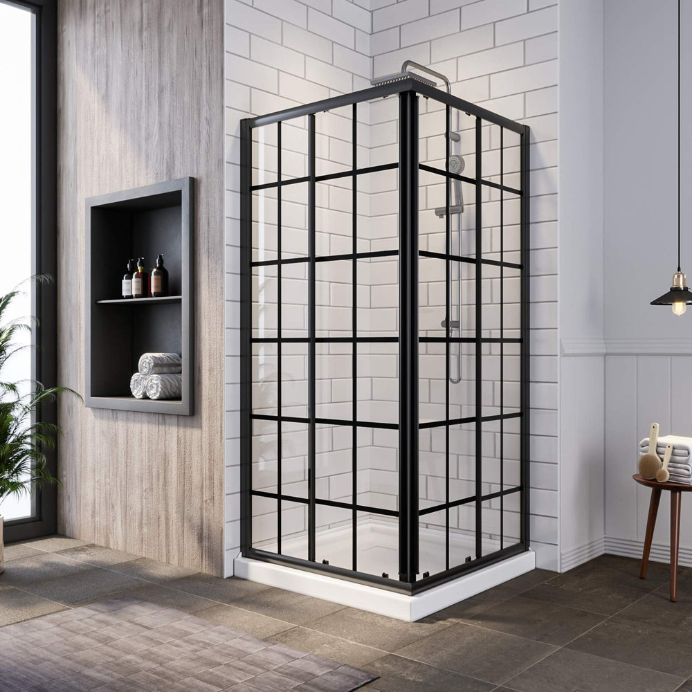 SUNNY SHOWER 36 in. W x 36 in. D x 72 in. H Black Check Corner Entry Enclosure With Sliding Doors