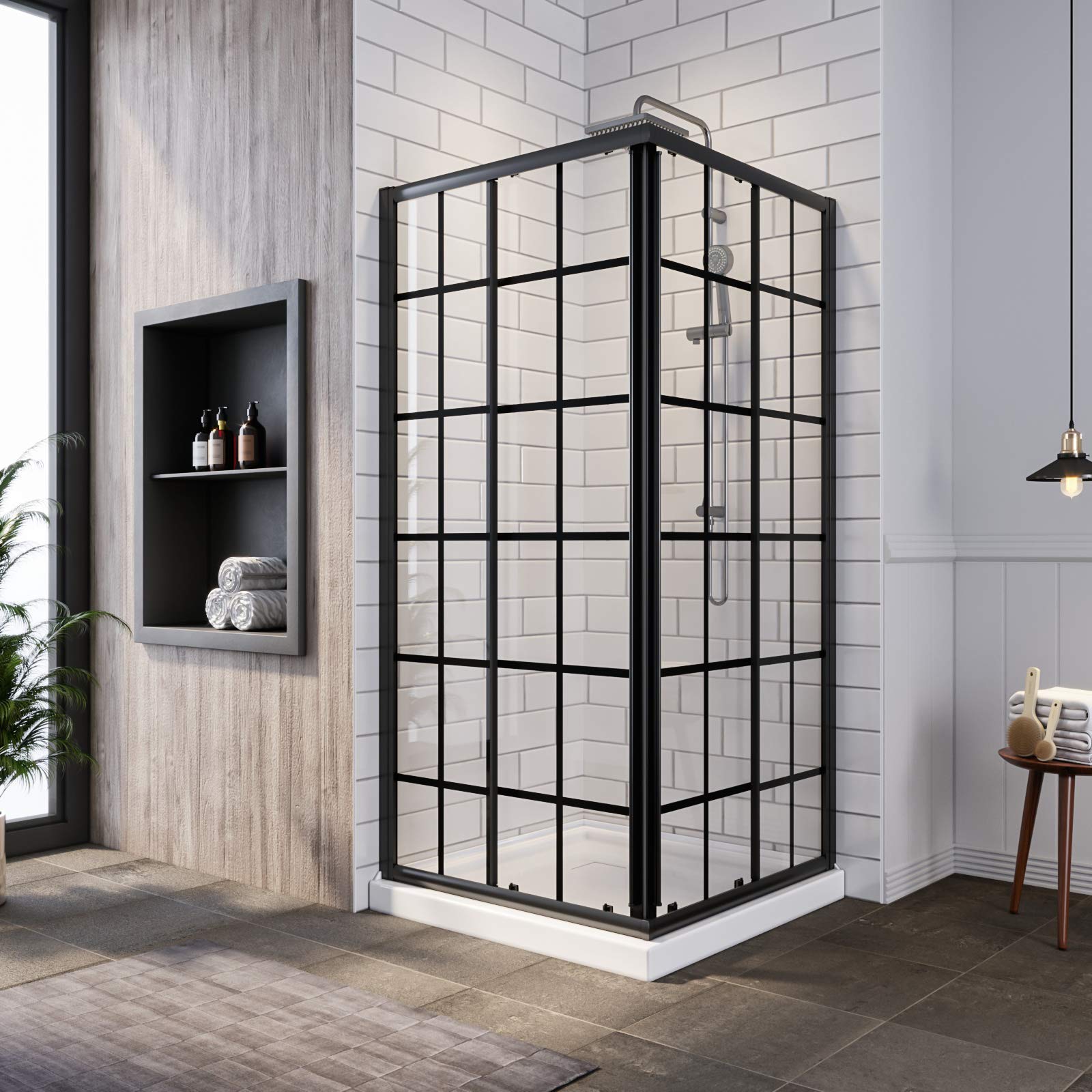 SUNNY SHOWER 36 in. W x 36 in. D x 72 in. H Black Check Corner Entry Enclosure With Sliding Doors