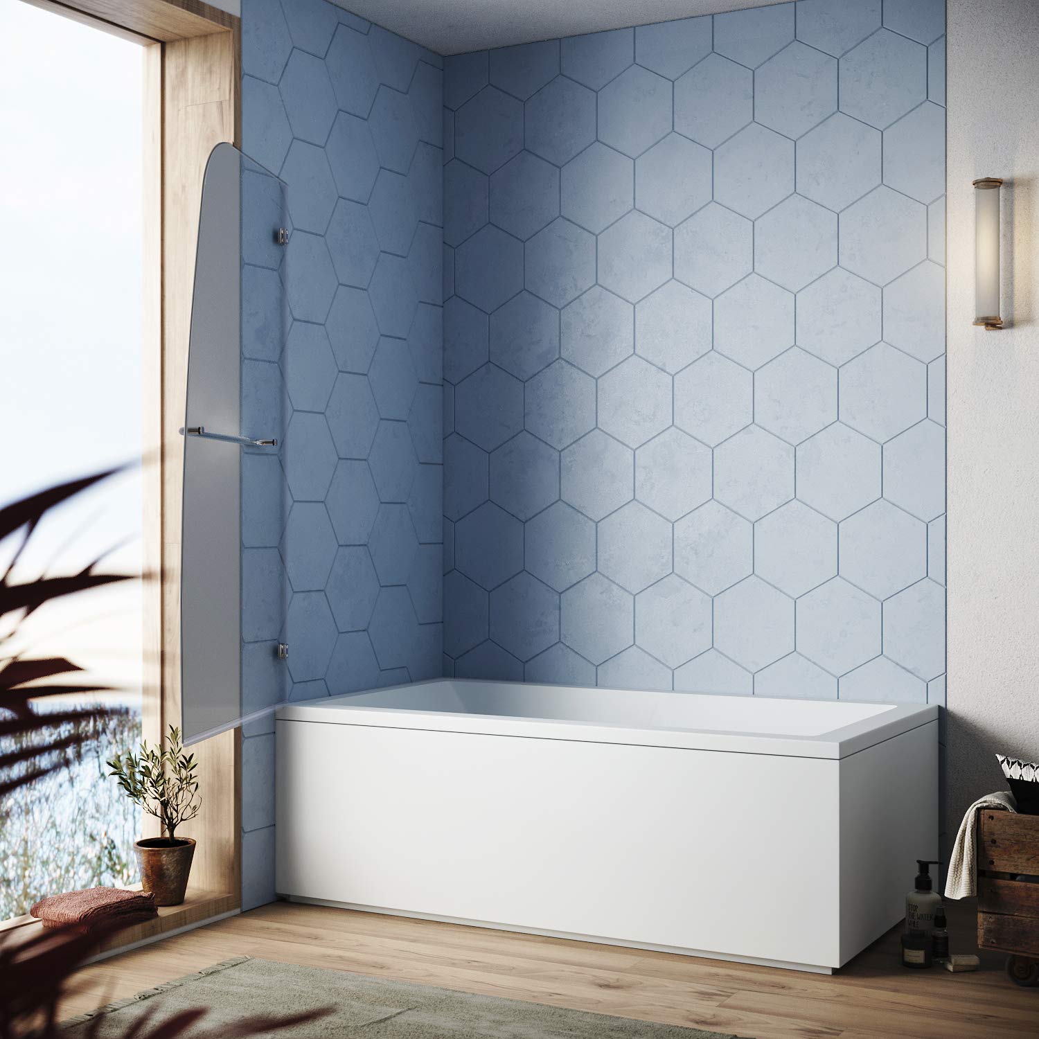 SUNNY SHOWER 34 in. W x 58 in. H Frameless Chrome Finish Bathtub Hinged Door