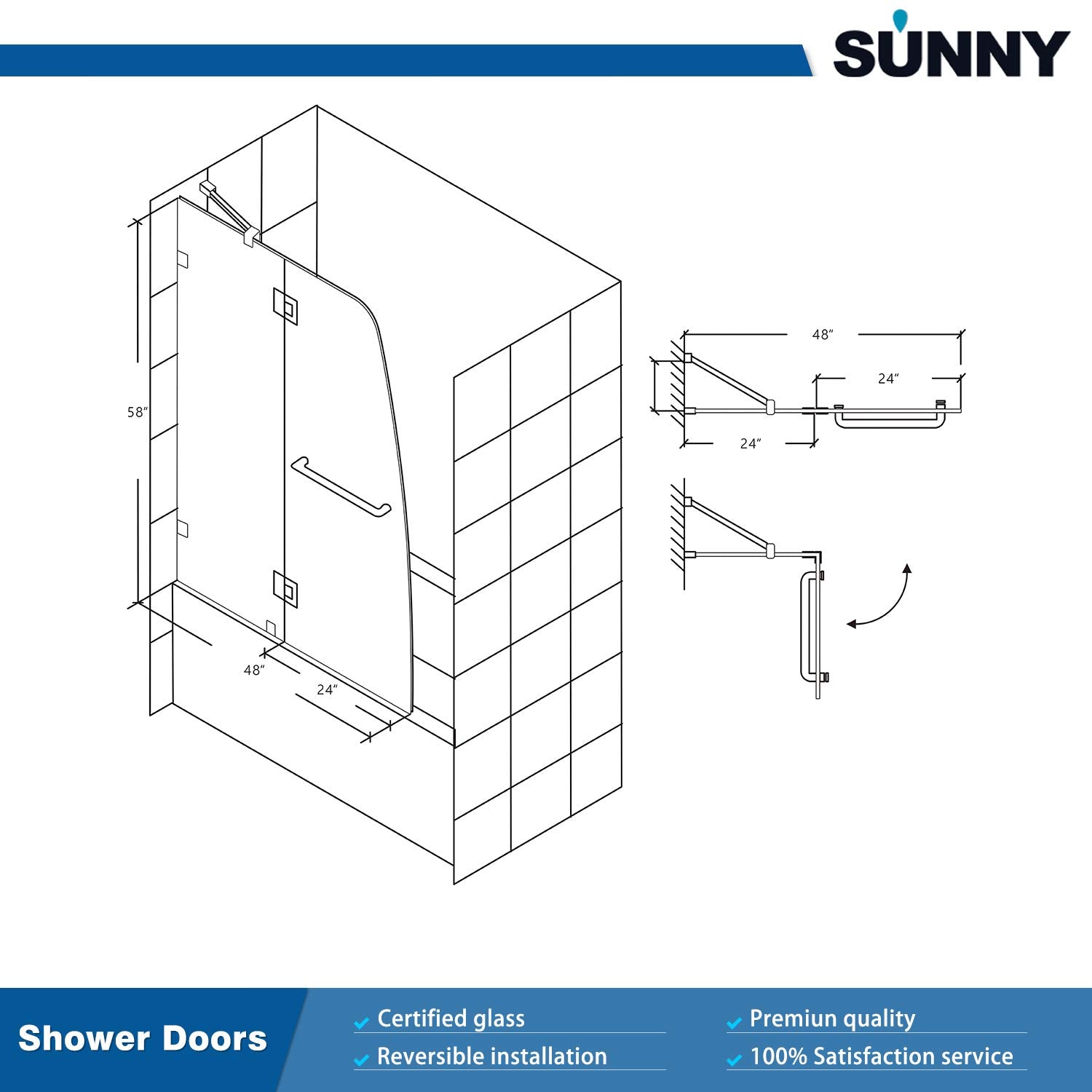SUNNY SHOWER 34 in. W x 58 in. H Frameless Chrome Finish Bathtub Hinged Door