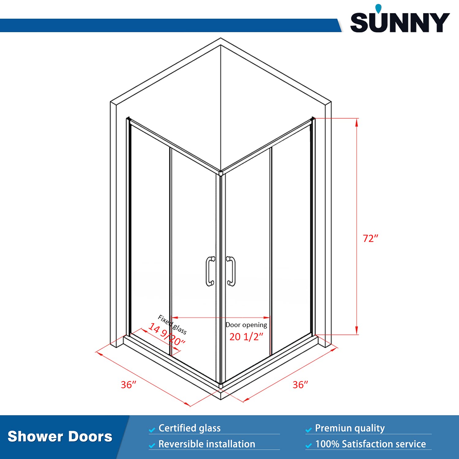 SUNNY SHOWER 36 in. W x 36 in. D x 72 in. H Black Check Corner Entry Enclosure With Sliding Doors