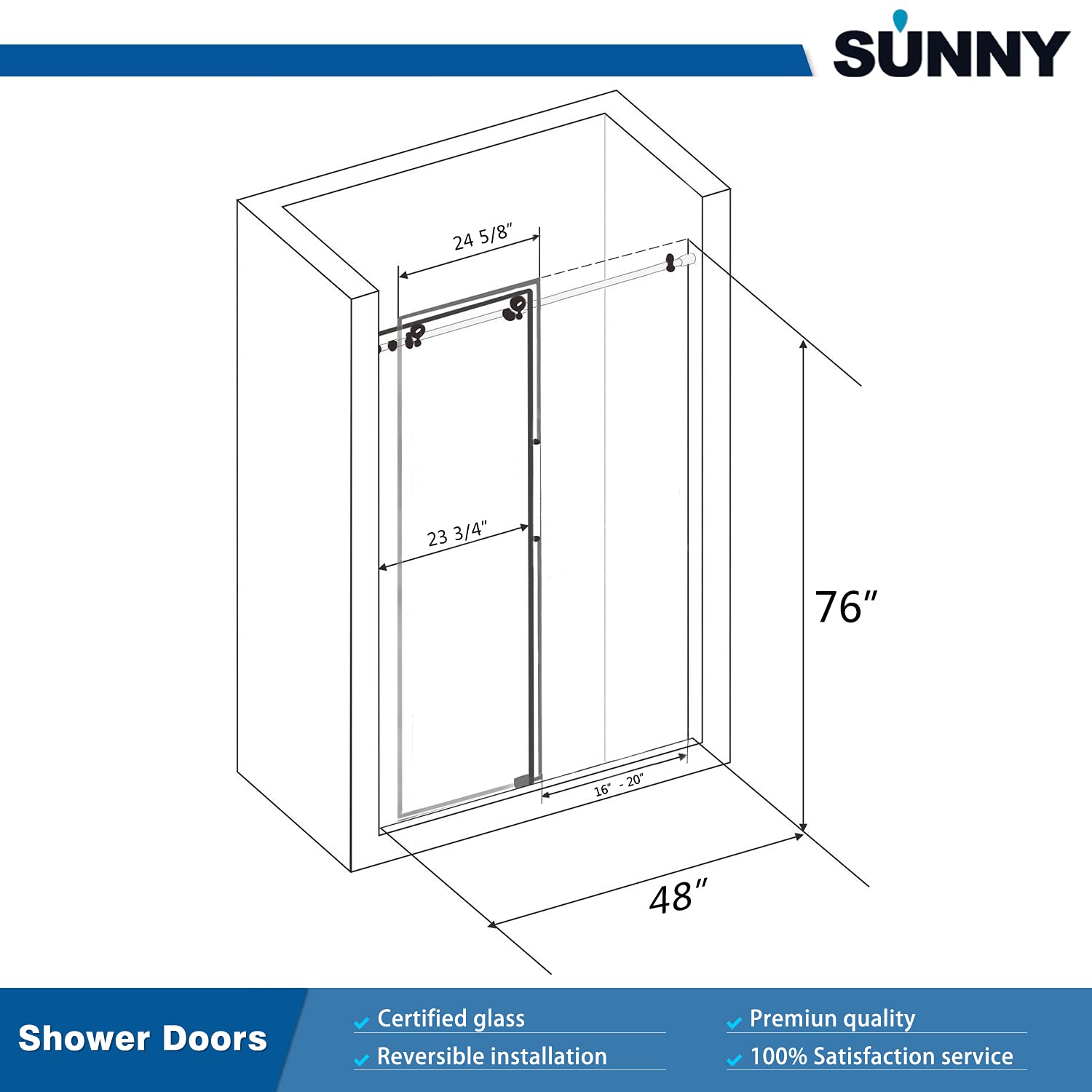 ELEGANT Frameless Sliding Shower Doors 48 in. W x 76 in. H
