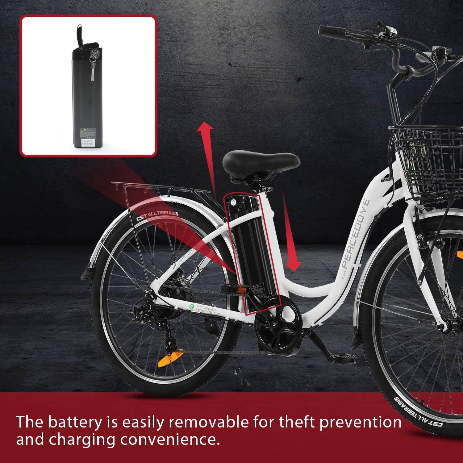 Ecotric 26 Inch 36 V 10 AH 350 W City Bike Electric Bicycle e-bike White with Basket 7 Speed Step Through Commuter for Women Girls A-E516646