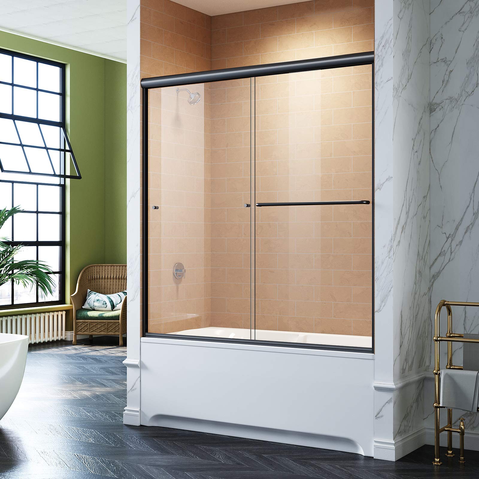 ELEGANT Bathtub Double Sliding Door 60 in. W x 58 in. H Black Finish