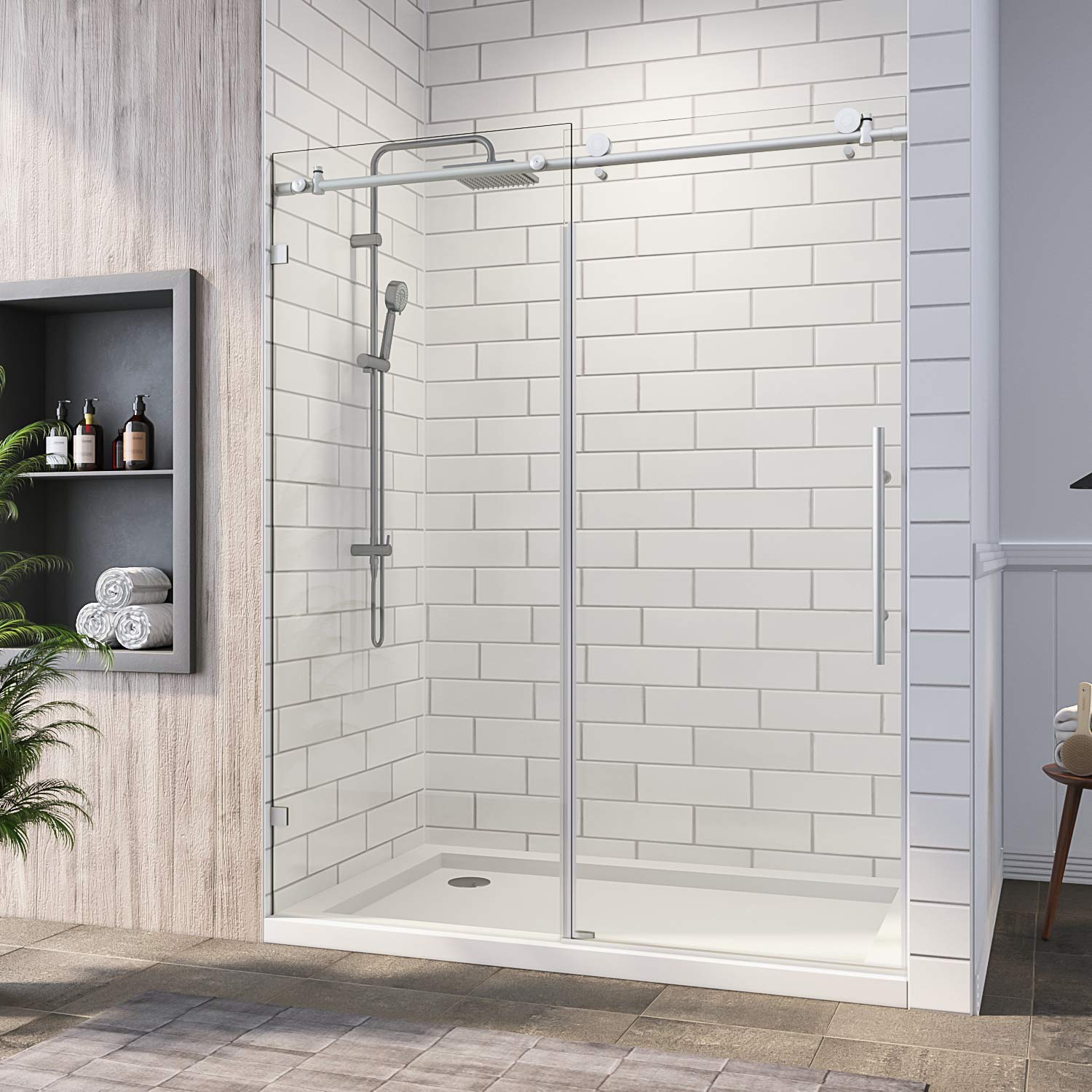 ELEGANT Frameless Sliding Shower Doors 64 in. W x 72 in. H Brushed Nickel Finish