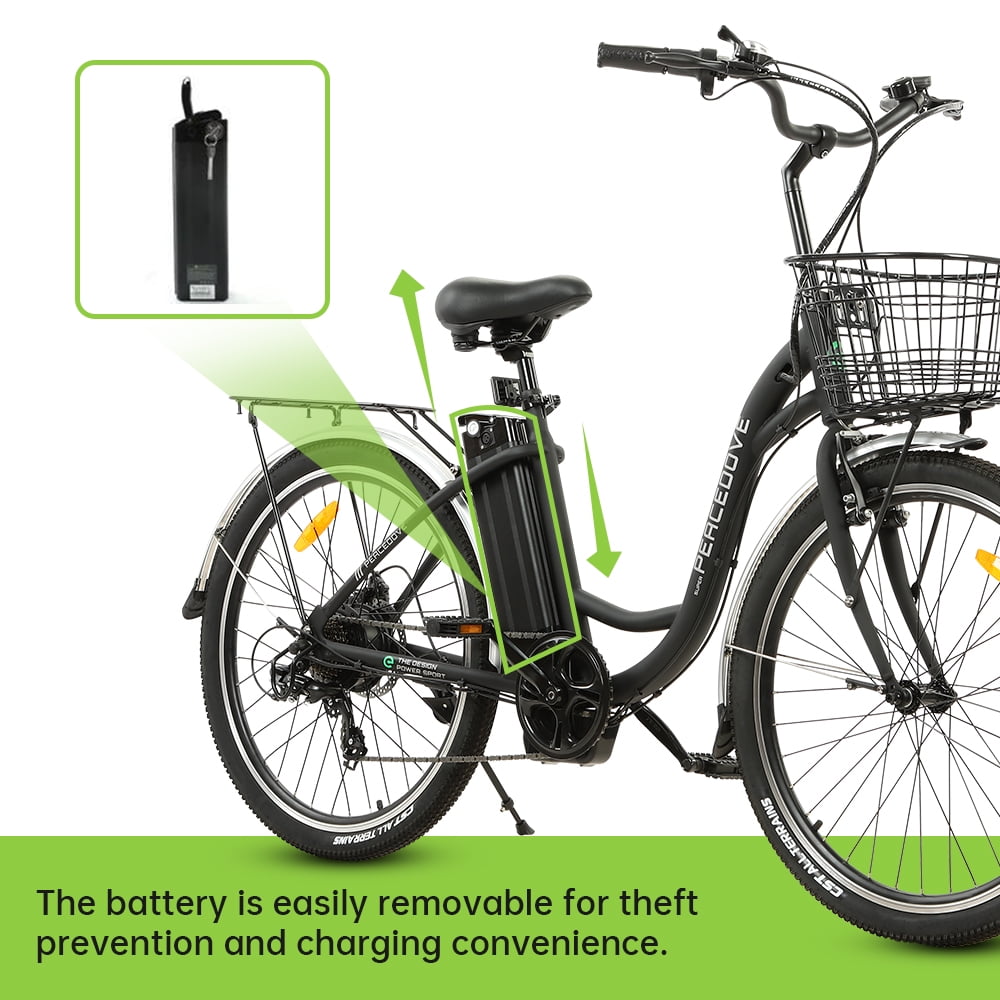 ECOTRIC 26 In. 36 V 10 Ah 350 W Step Through City Electric Bicycle with Basket 7 Speed for Adults Men and Women Pedal Assist Black A-E516646