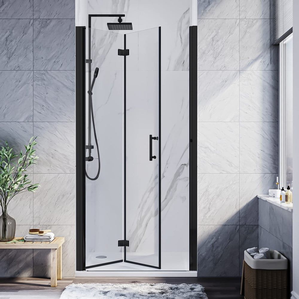 SUNNY SHOWER 1/4 inch Frameless Black Finish Bi-Fold Shower Door