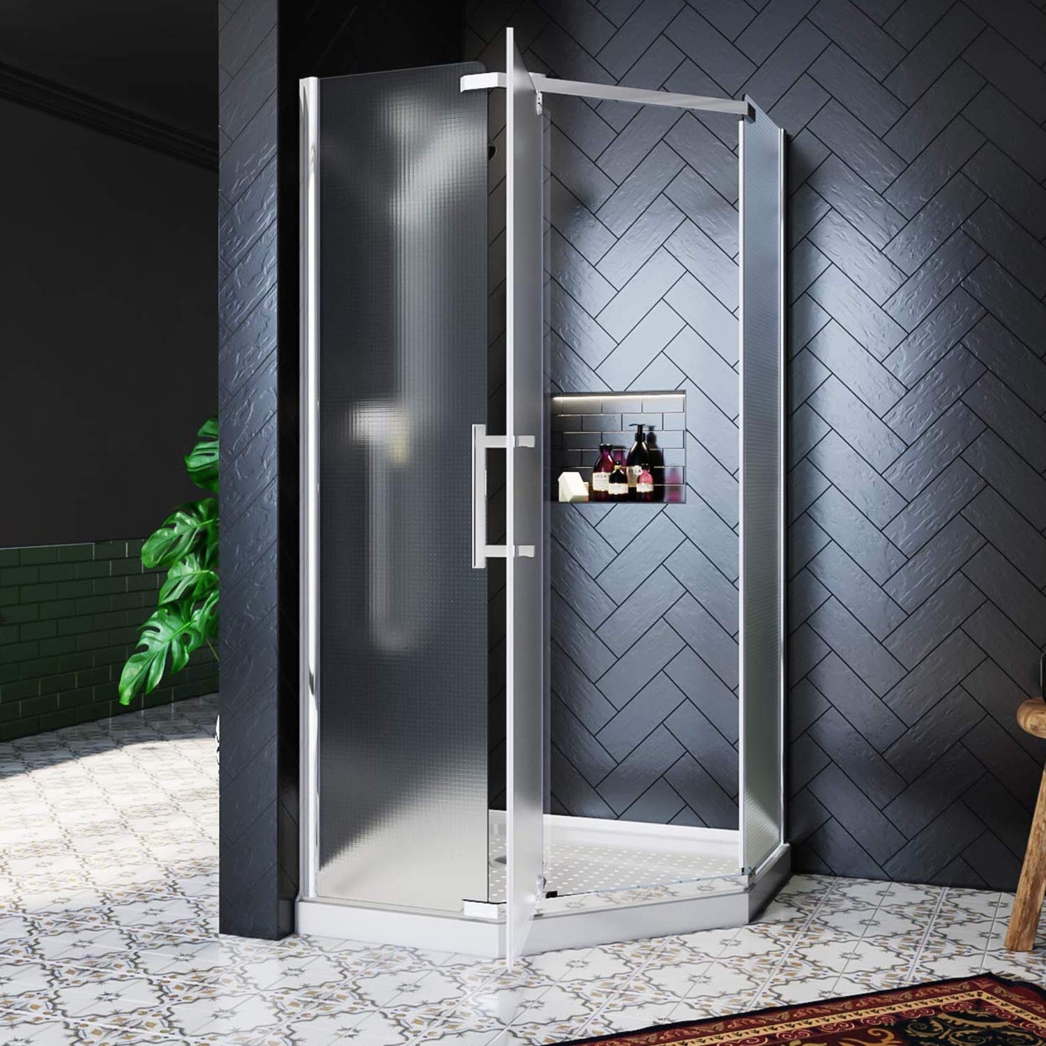 SUNNY SHOWER 36.7 in. W x 36.7 in. D x 71.8 in. H Frosted Chrome Finish Pivot Enclosures With Pivot Door And White Quadrant Bases