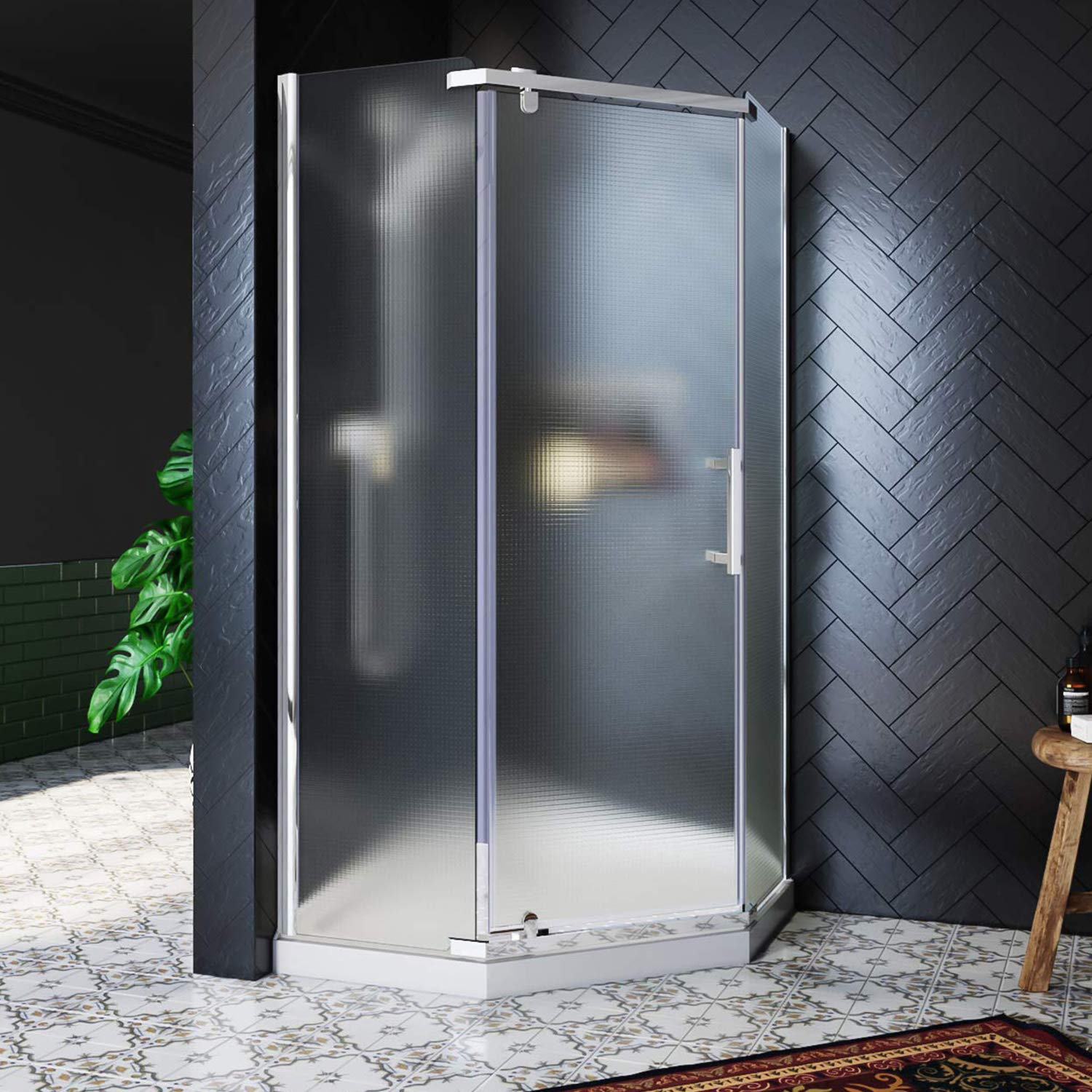 SUNNY SHOWER 36.7 in. W x 36.7 in. D x 71.8 in. H Frosted Chrome Finish Pivot Enclosures With Pivot Door And White Quadrant Bases