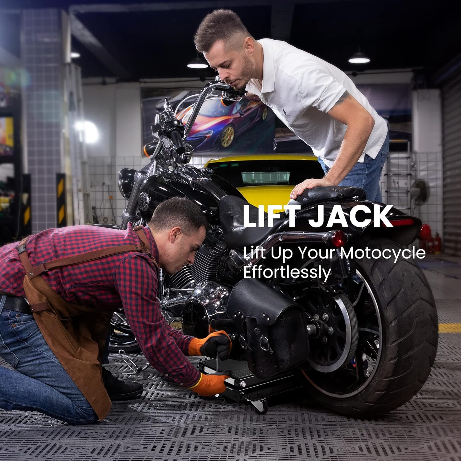 VIVOHOME 1100 Lbs Steel Wide Deck Motorcycle Lift ATV Scissor Lift Jack with Dolly and Hand Crank Bikes Garage Repair Hoist Stand Black