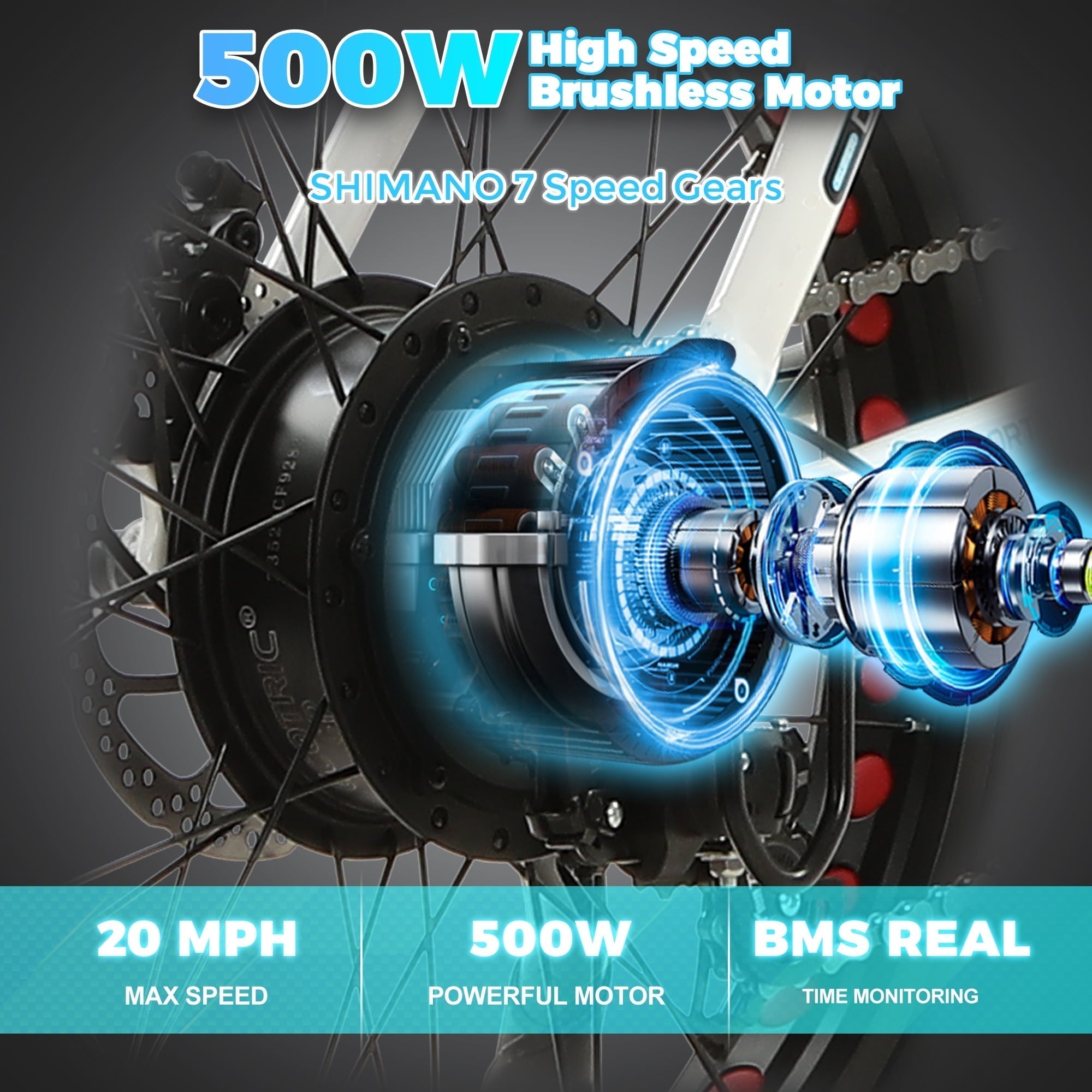 ECOTRIC 500 W 36 V E-Ride Foldable 20“ Electric Bicycle Fat Tire Removable Battery 7 Speed Children A-E516646