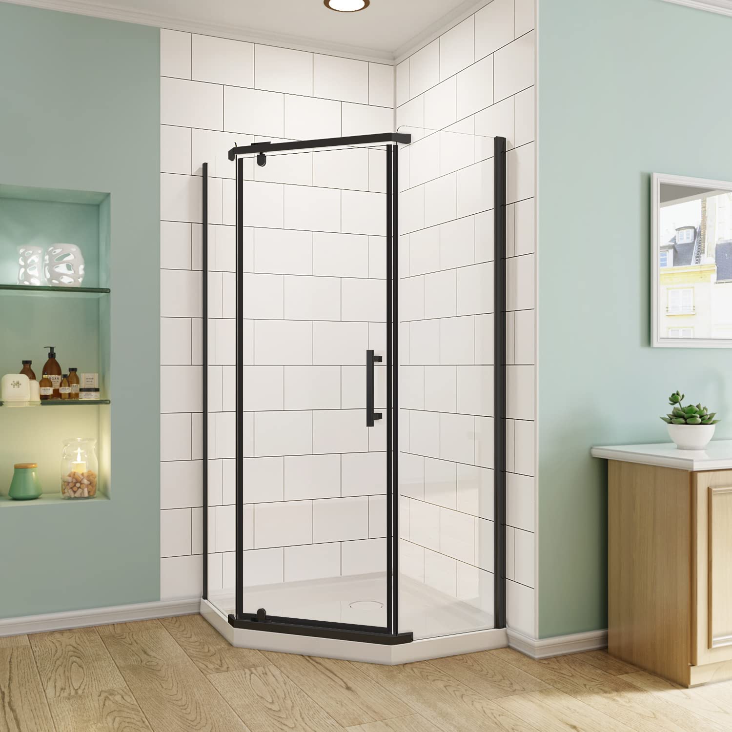 SUNNY SHOWER 36.7 in. W x 36.7 in. D x 71.8 in. H Black Finish Pivot Enclosures With Pivot Door And White Diamond Bases