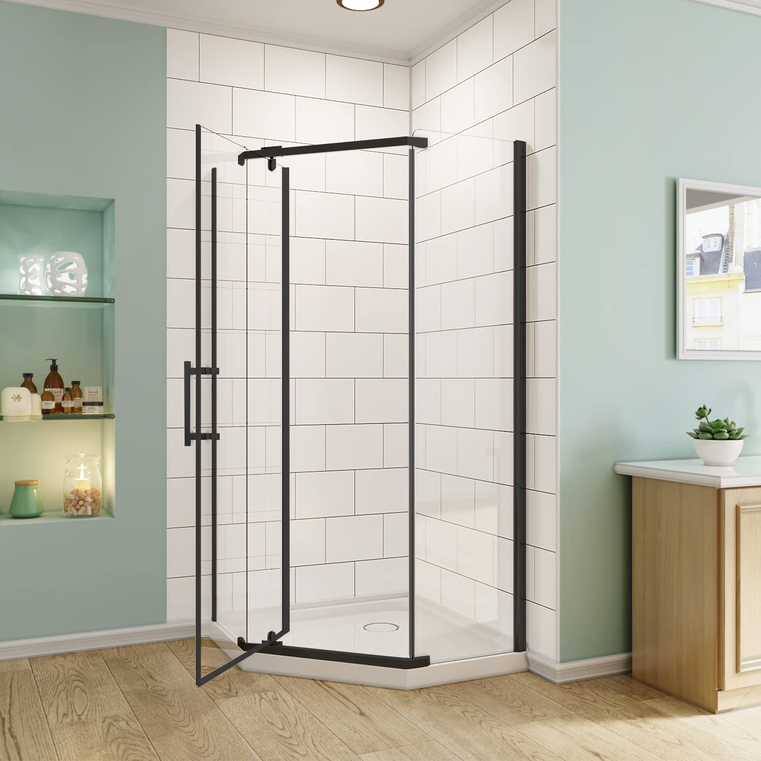 SUNNY SHOWER 36.7 in. W x 36.7 in. D x 71.8 in. H Black Finish Pivot Enclosures With Pivot Door And White Diamond Bases