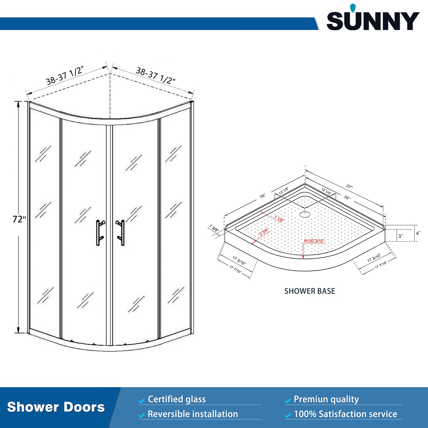 SUNNY SHOWER 37.5 in. W x 37.5 in. D x 72 in. H Chrome Finish Quadrant Enclosures With Sliding Doors And White Quadrant Base