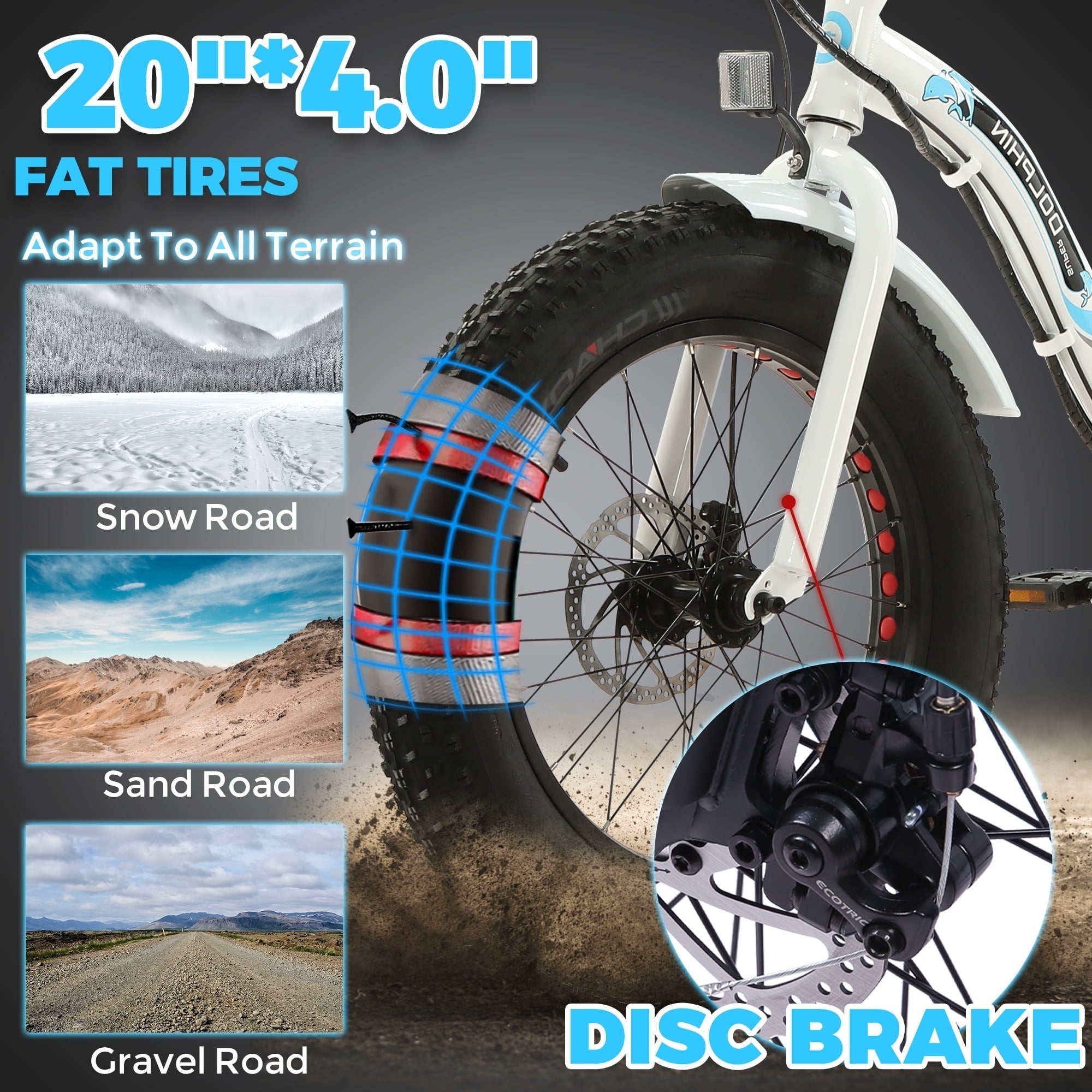 ECOTRIC 500 W 36 V E-Ride Foldable 20“ Electric Bicycle Fat Tire Removable Battery 7 Speed Children A-E516646