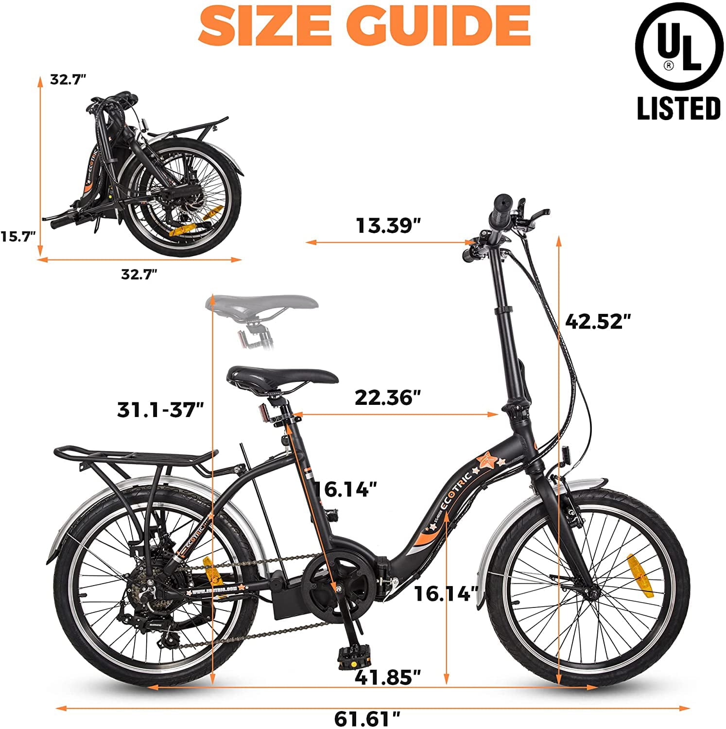 Ecotric E-Ride Electric Bike Trail Riding Ebike Girl Cruiser Foldable 20 inch Wheels 350W 36V Removable Battery 7 Speed City Commuter for Children A-E516646