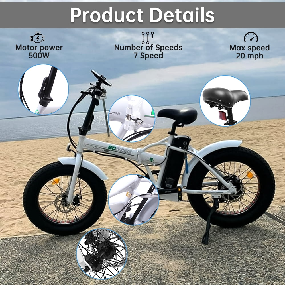 ECOTRIC 20 Inch Fat Tire Foldable 500W 36V Electric Bike Bicycle Pedal Assist Beach City Mountain E-Bike Adults Commuter Women Men White A-E516646