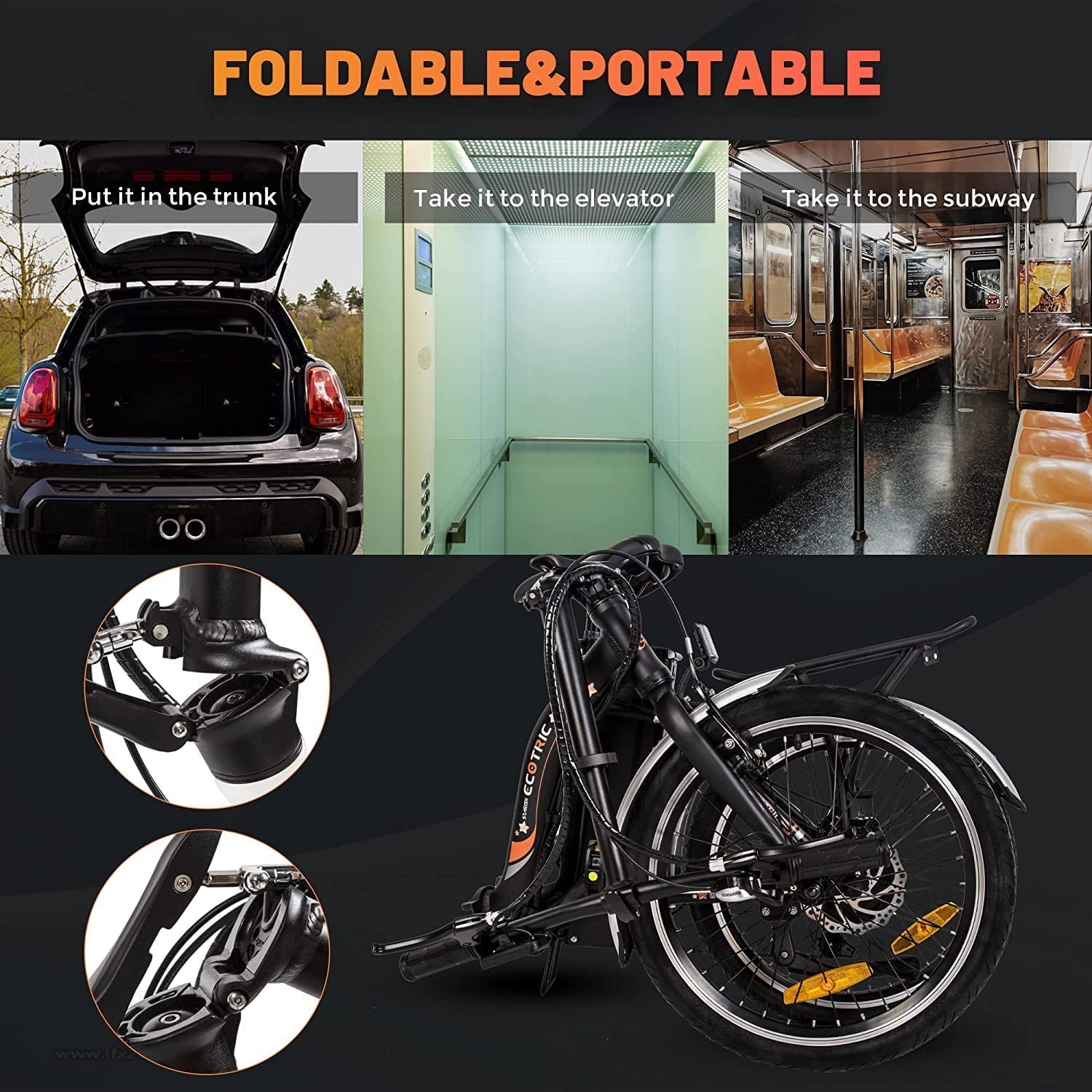 Ecotric E-Ride Electric Bike Trail Riding Ebike Girl Cruiser Foldable 20 inch Wheels 350W 36V Removable Battery 7 Speed City Commuter for Children A-E516646