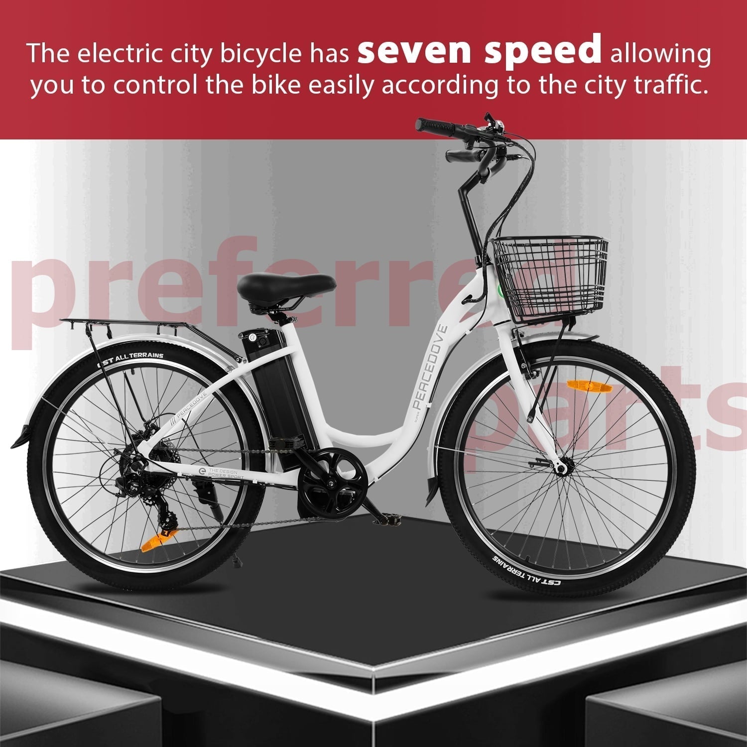 Ecotric 26 Inch 36 V 10 AH 350 W City Bike Electric Bicycle e-bike White with Basket 7 Speed Step Through Commuter for Women Girls A-E516646