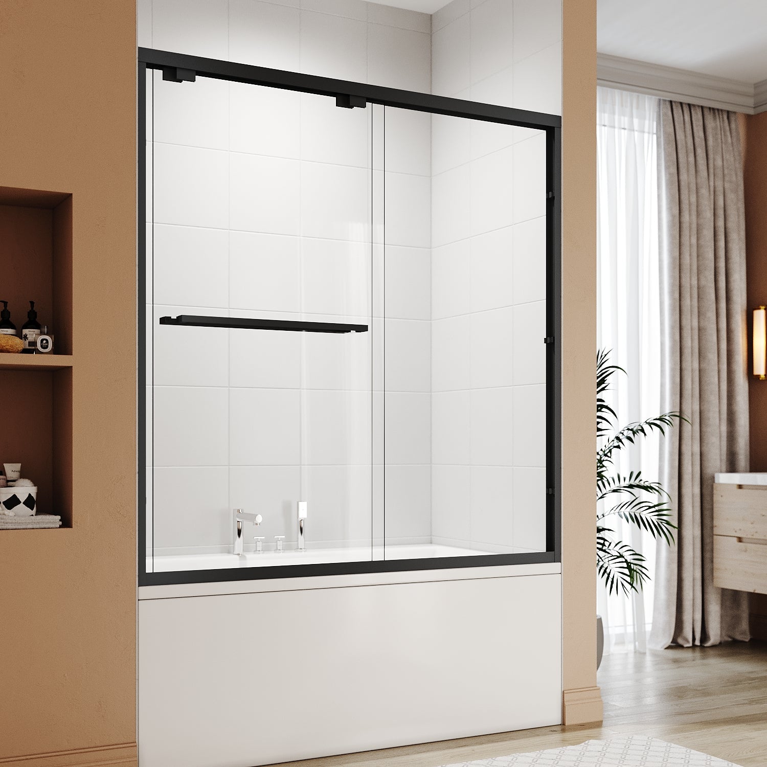 ELEGANT Bathtub Double Sliding Doors 60 in. W x 62 in. H Black Finish